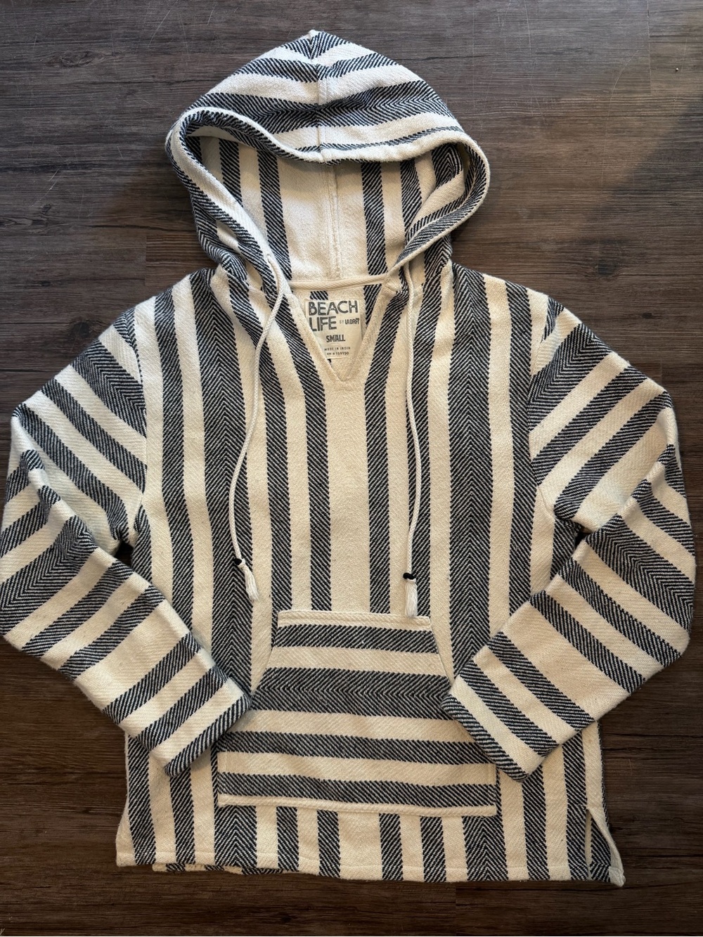 Women's Hooded Crewneck Sweater - Cream & Black Stripe